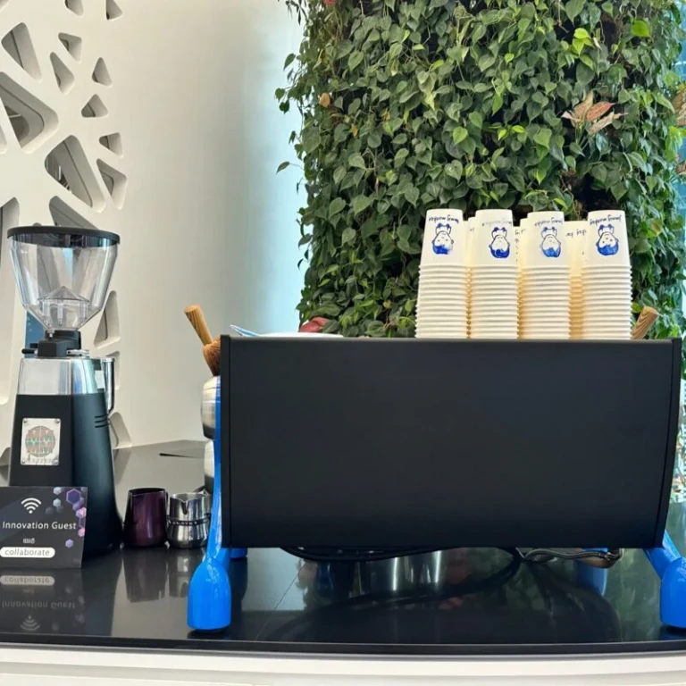 Espresso machine and coffee grinder setup for Coffee catering for corporate events.