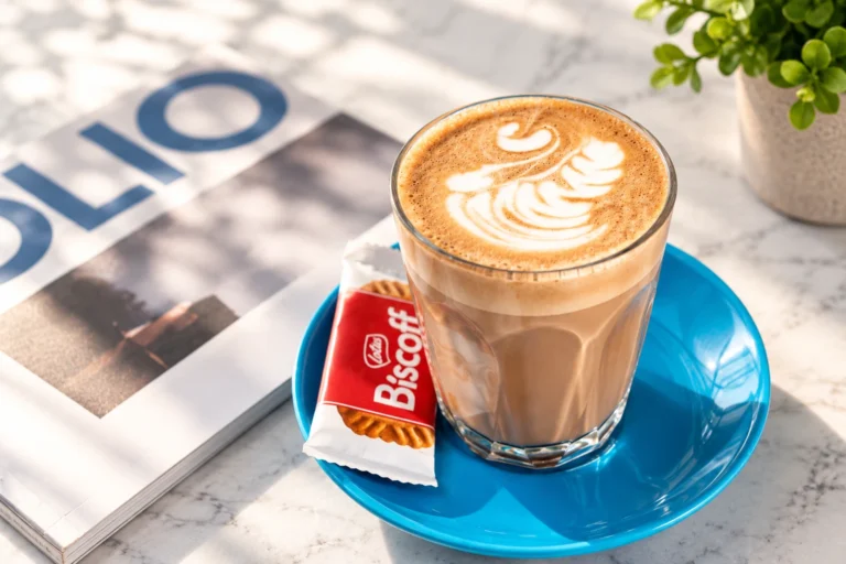 Fresh cafe latte with latte art served with a cookie for Cafe Delivery in Singapore.