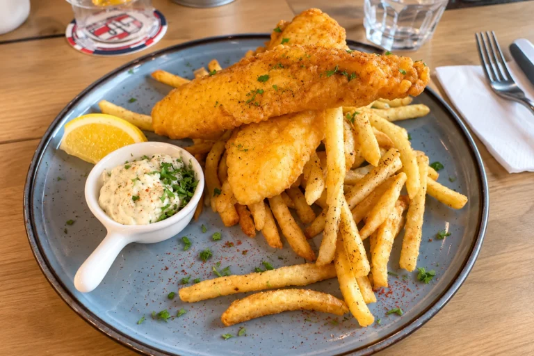 Golden battered fish fillets served on fries for best fish and chips in Singapore review.