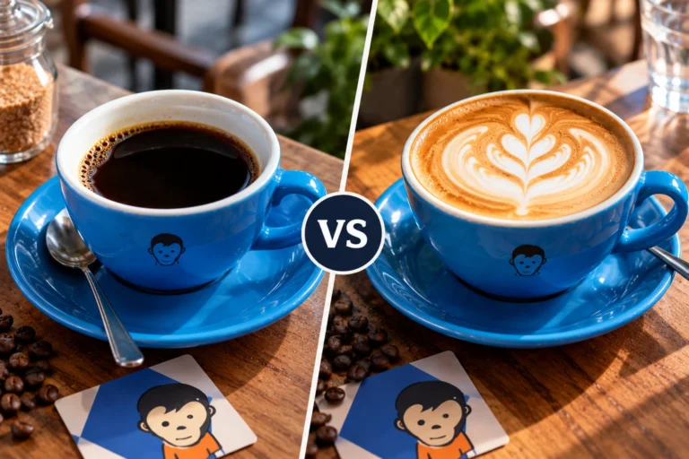 Comparison of brewed black coffee and a latte with latte art for Black Coffee vs Latte.